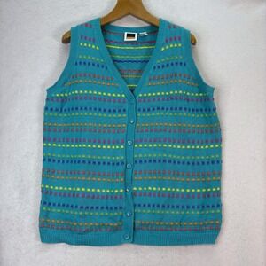 CST Sport Turquoise Rainbow Squares Knit Button Front Vest Womens 1X Grandma Vtg